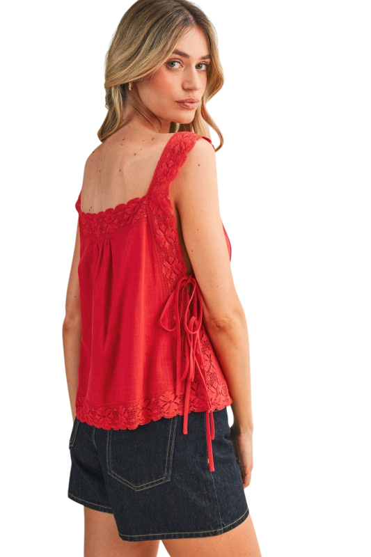 Lace Trim Side Tie Top - Red