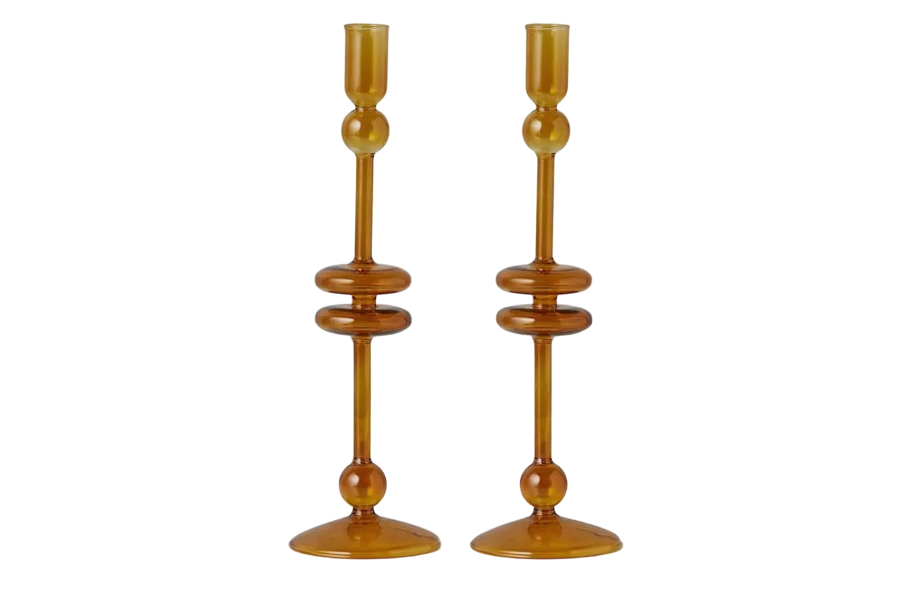 Amber Glass Candlestick Pair - Large