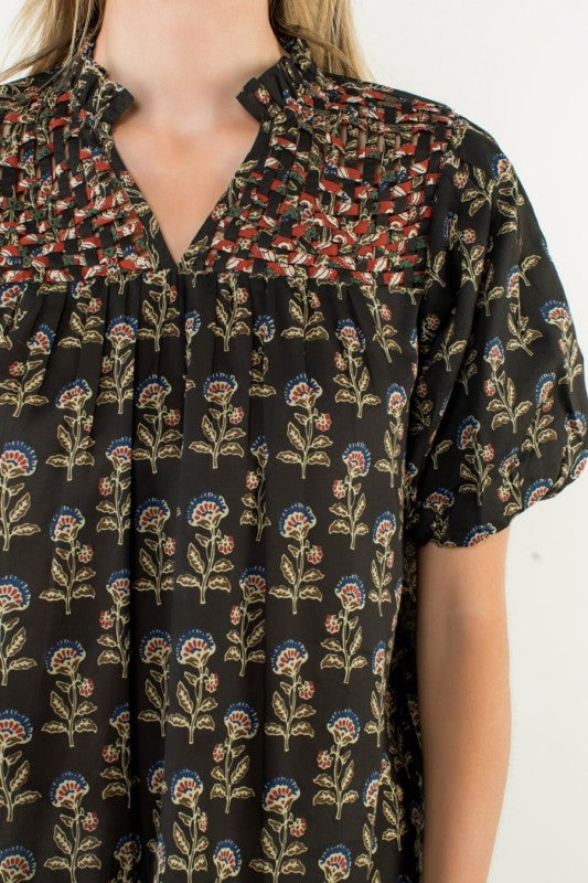 Puff Sleeve Block Print V Neck Top