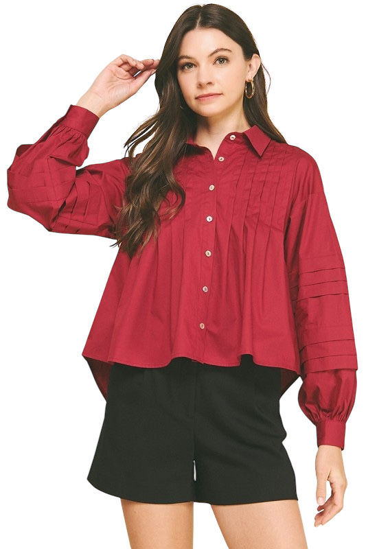 Pleated Button Down Shirt - 3 Colors!