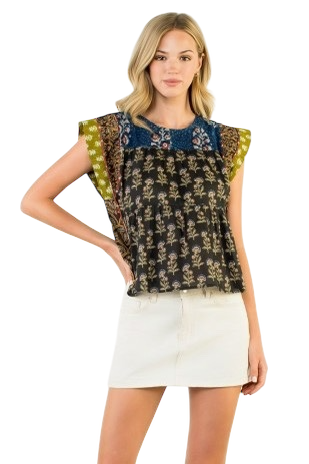 Mixed Print Flutter Sleeve Floral Top