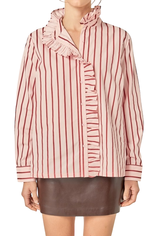 Pink & Burgundy Striped Ruffle Shirt