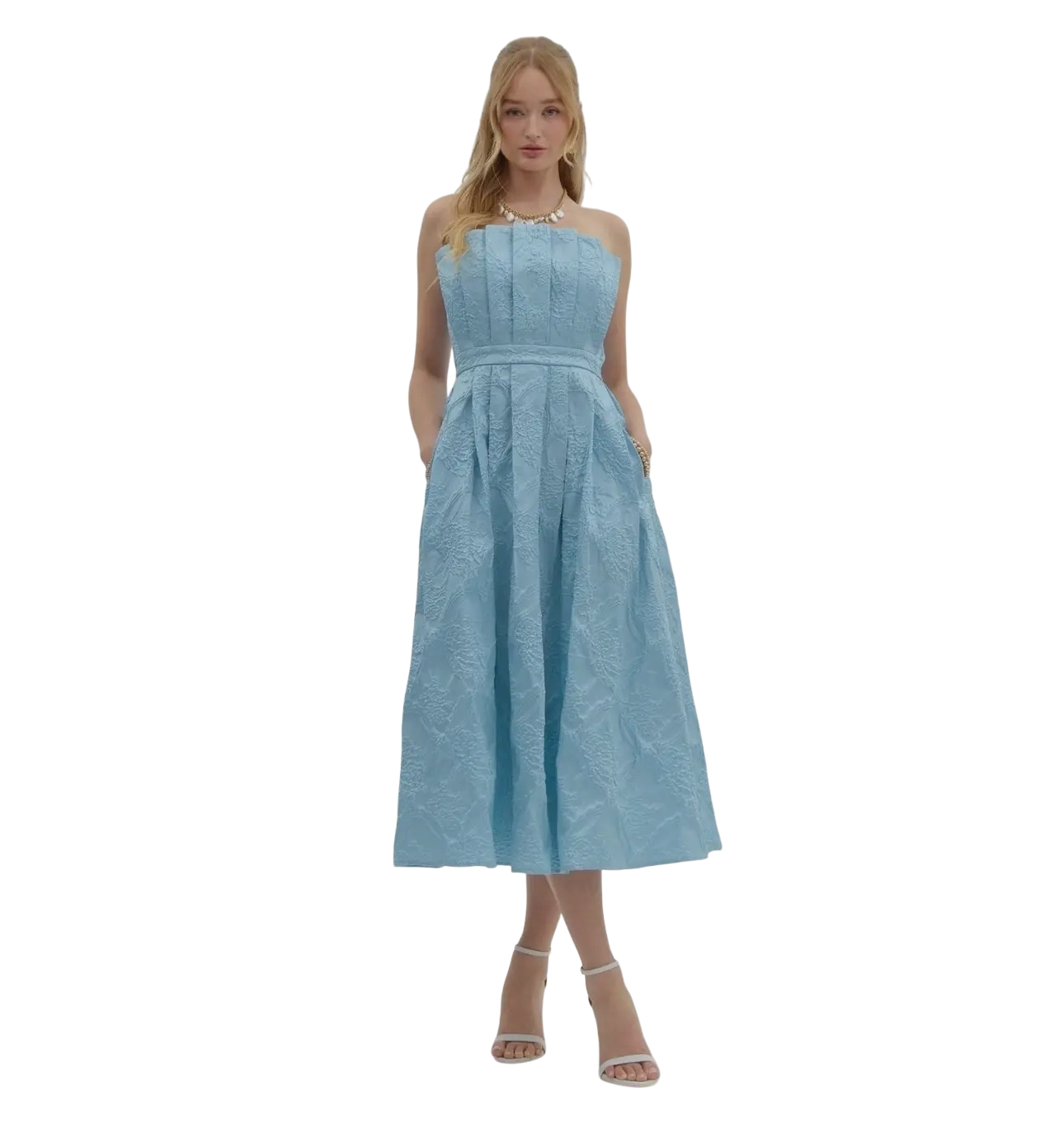 Pleated Strapless Midi in Cornflower