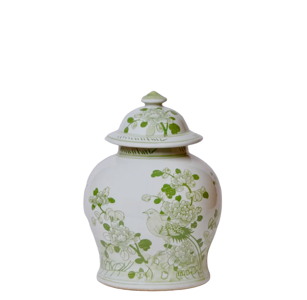 Green & White Porcelain Bird and Flower Jar