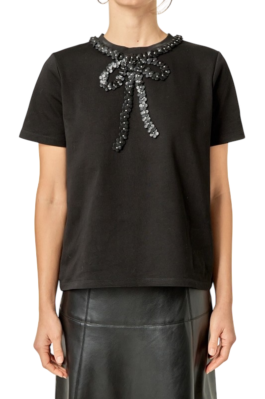 Floral Bow Detail Top - Black