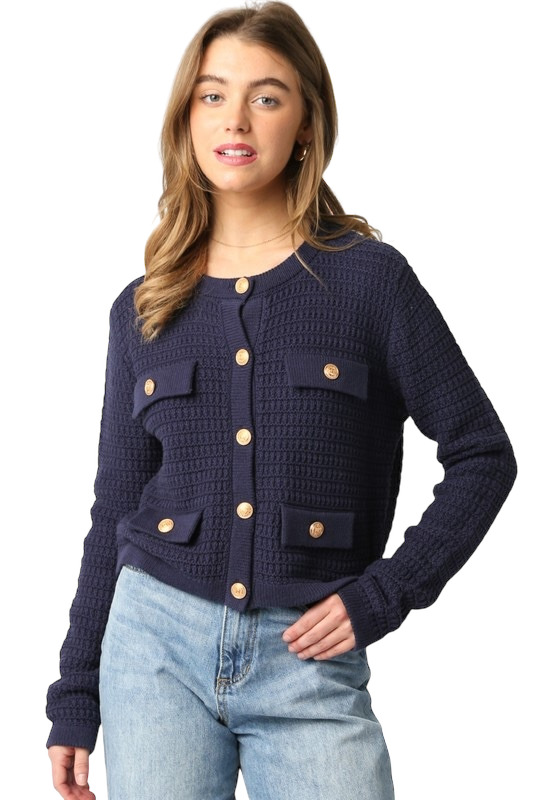 Maggie Knit Button Top - Navy