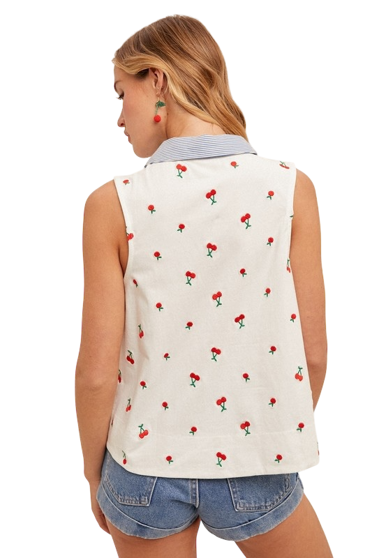 Cherry Embroidered Collared Tank