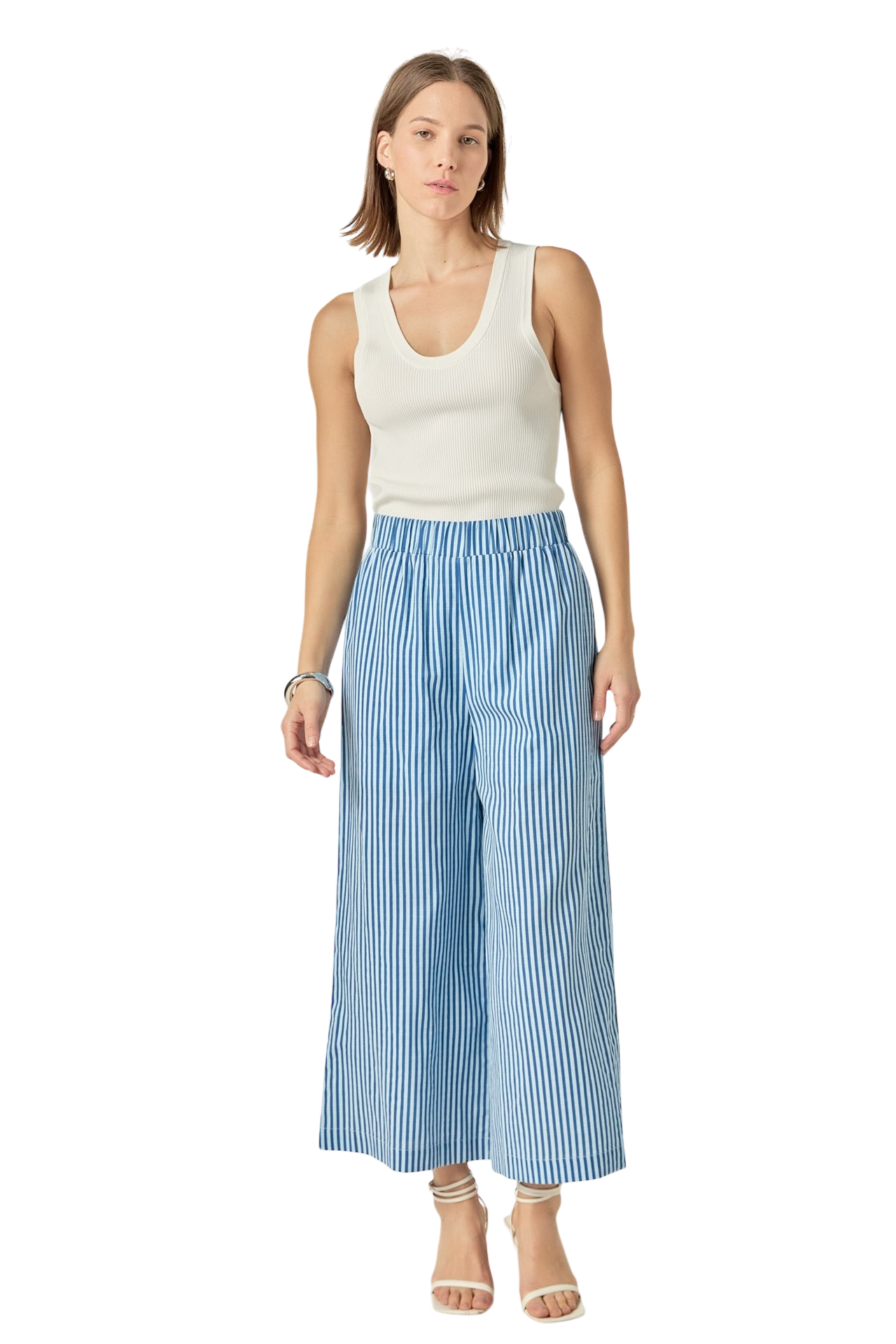 Blue & White Striped Wide Leg Pants