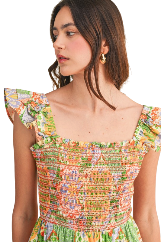 Floral Tiles Smocked Bodice Midi Dress