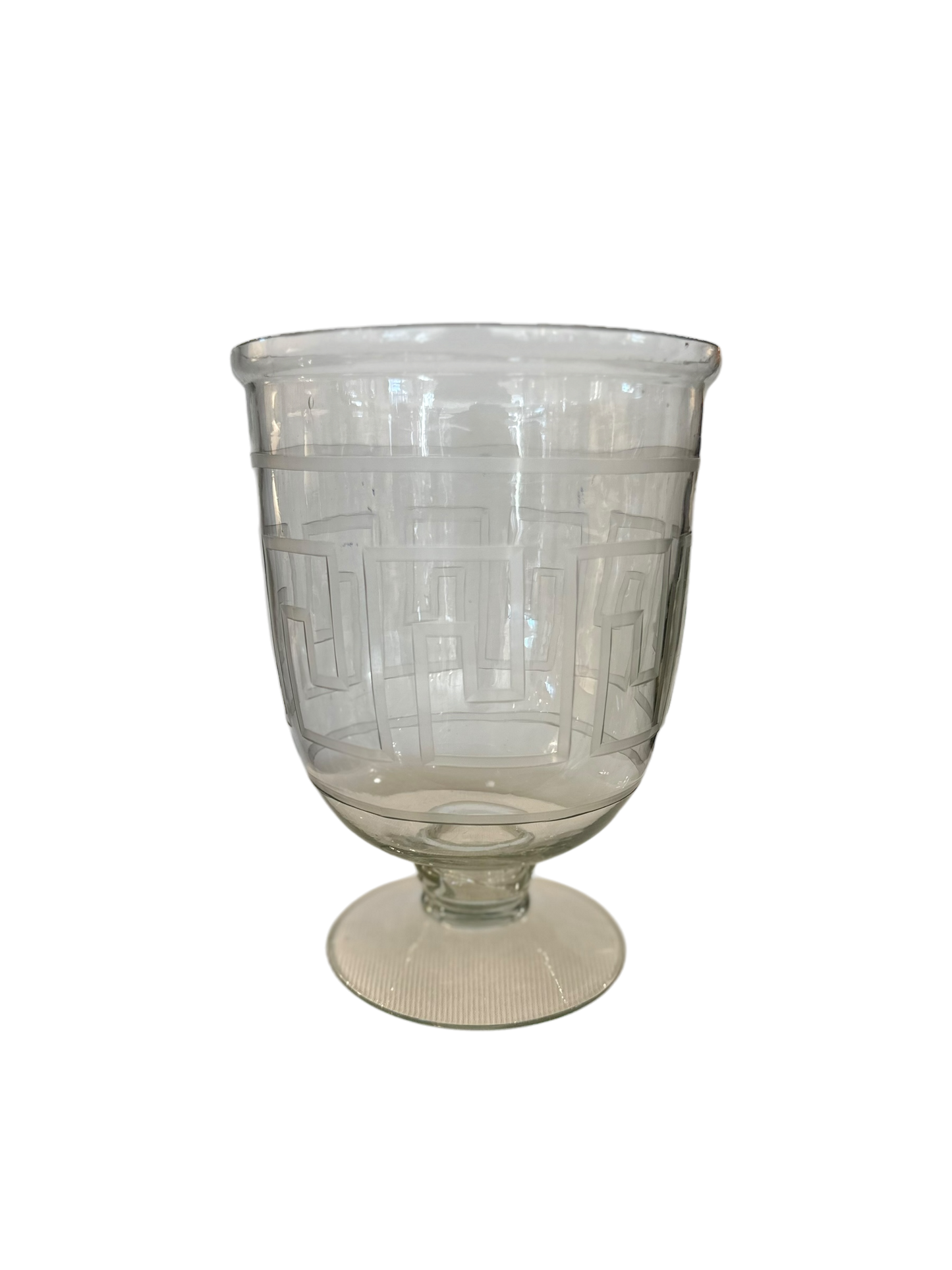 Greek Key Etched Glass Footed Vase