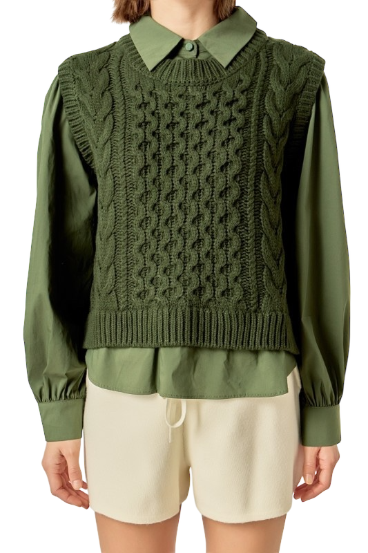 Mixed Media Cable Knit Shirt Top