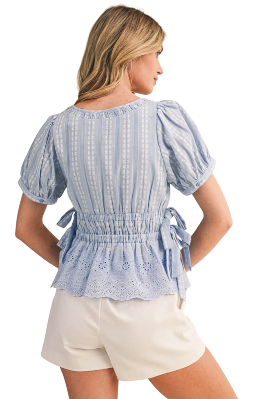 Striped Eyelet Hem Peplum Top