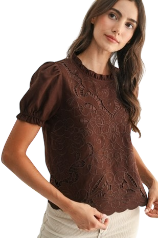 Embroidered Puff Sleeve Eyelet Blouse