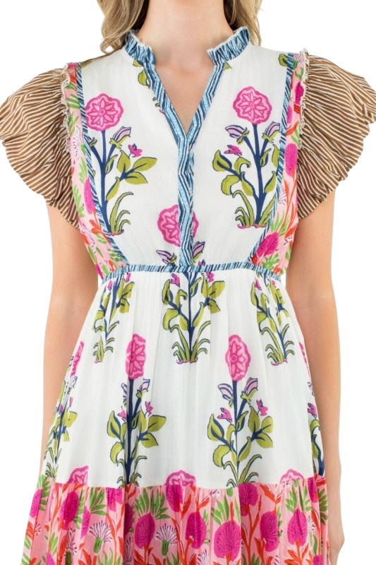Flutter Sleeve Tiered Floral Midi Dress