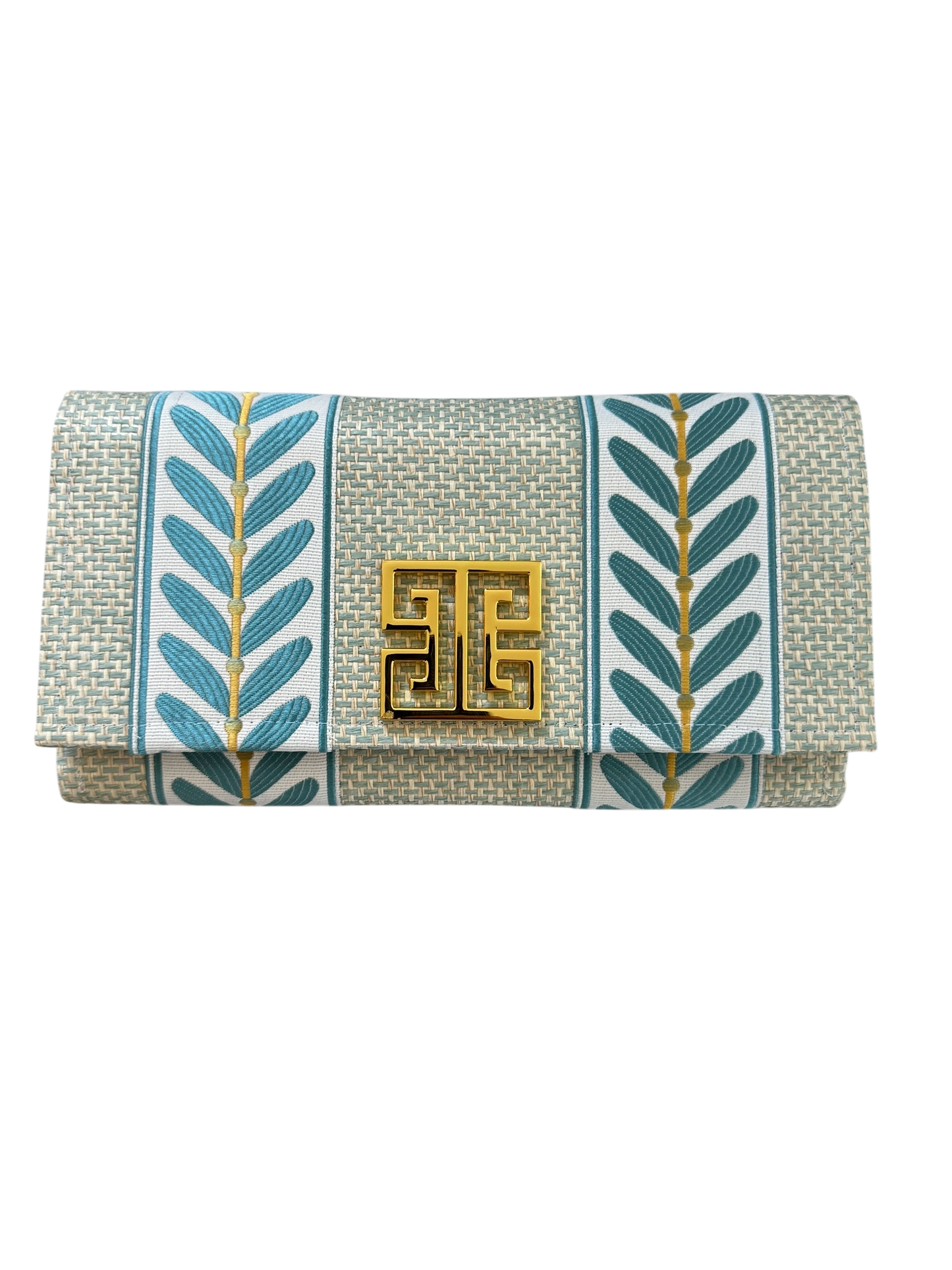 Aqua Grass Cloth Clutch with Square Greek Key