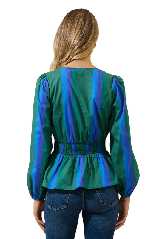 Blue & Green Smocked Stripe Top
