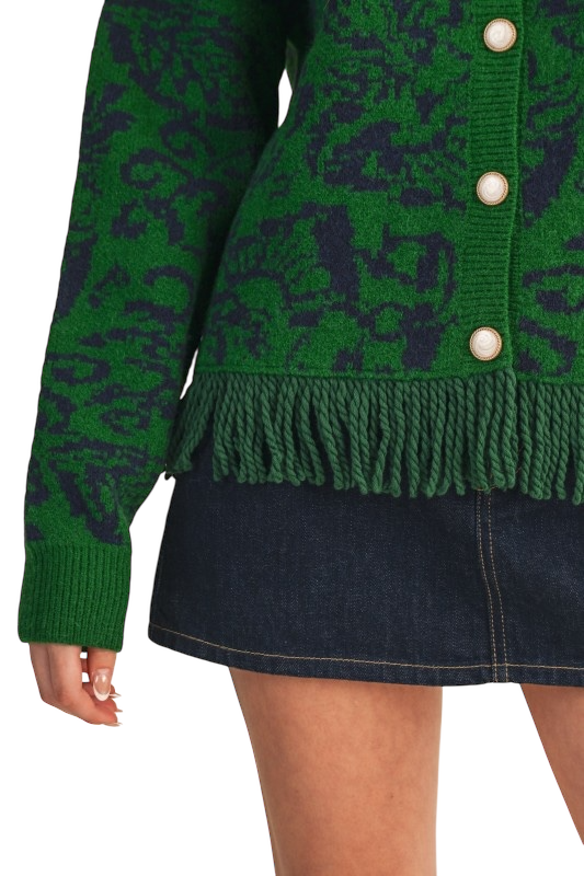 Floral Knit Fringed Cardigan - Green Navy