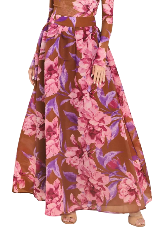 Brown & Pink Floral Maxi Skirt