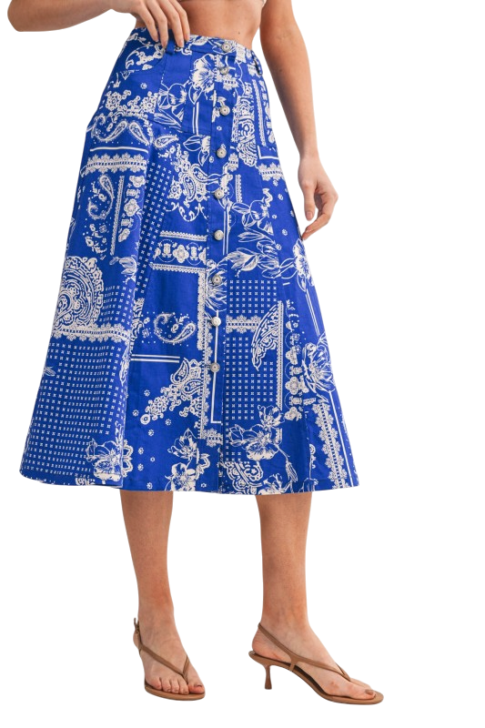 Paisley Denim Midi Skirt - Cobalt