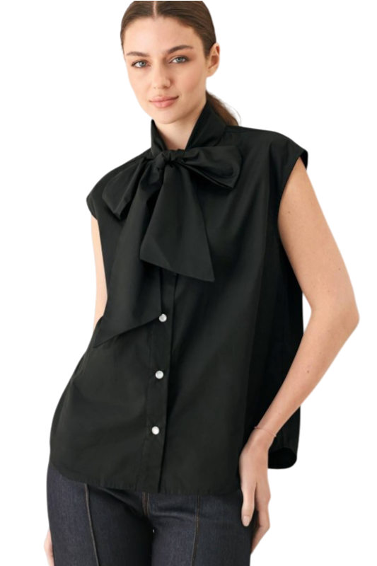 Sleeveless Poplin Tie Front Top - Black
