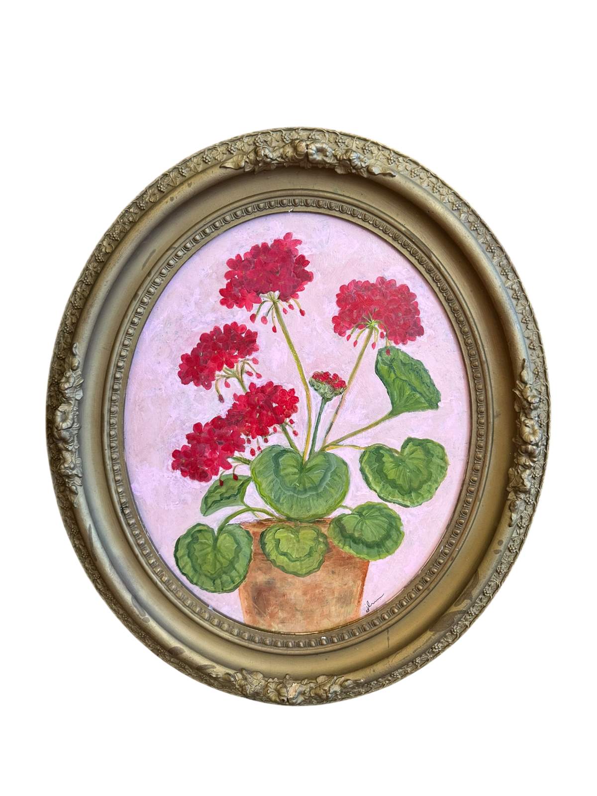 Jenn Leverett Art - Potted Geranium in Oval Frame