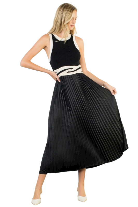 Sleeveless Mixed Media Dress in Black/Cream