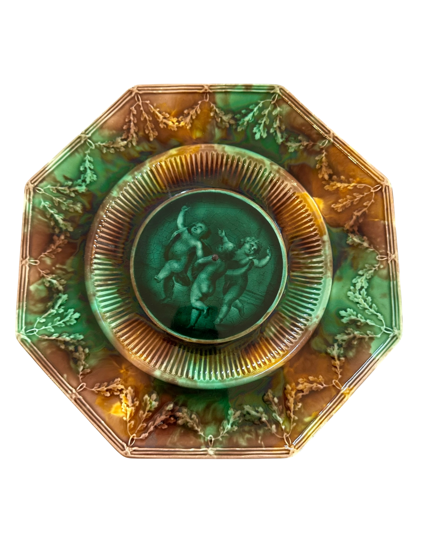 Vintage Majolica Dolphin Fish Pedestal Cake Stand