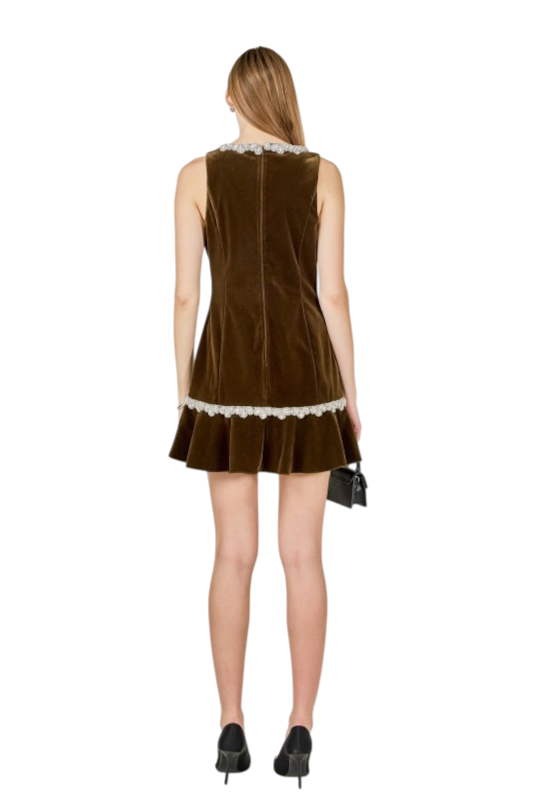 Jewel Trim Velvet Mini Dress