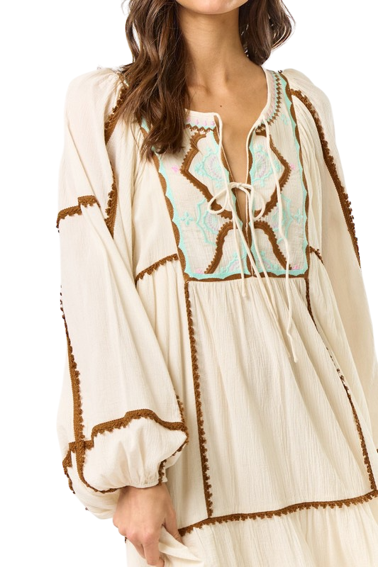 Embroidered Long Sleeve Maxi Dress