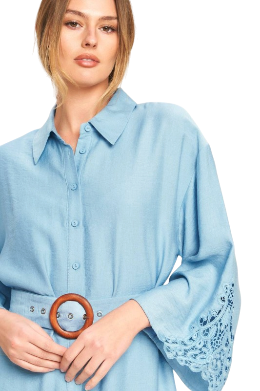 Eyelet Sleeve Belted Shirt Dress