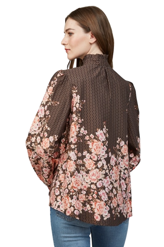 Ruffled Mandarin Collar Floral Blouse