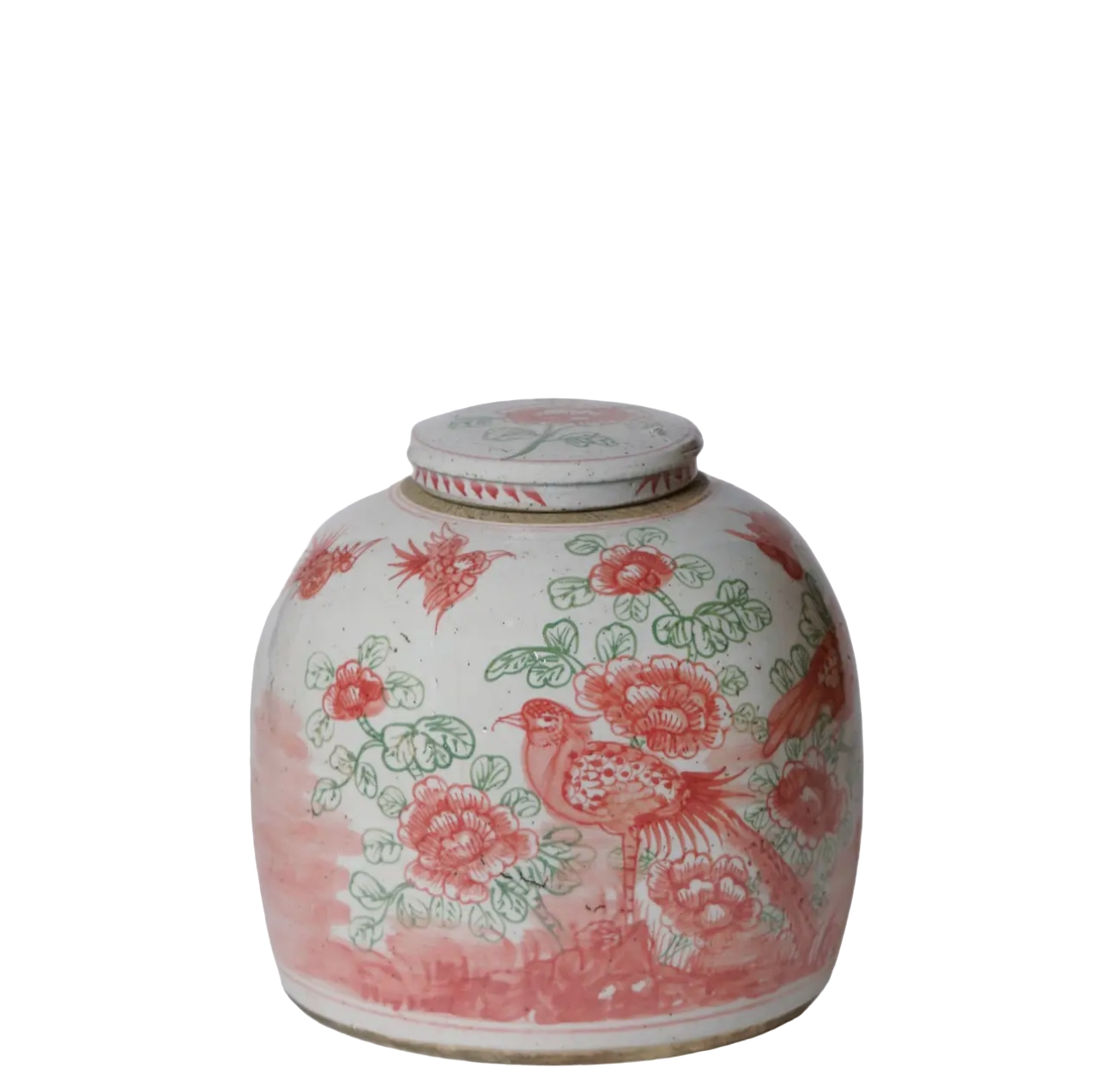 Pink and Green Rustic Bird and Flower Lidded Jar