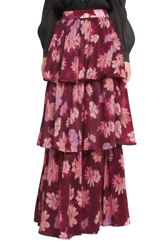 Burgundy Floral Tiered Maxi Skirt