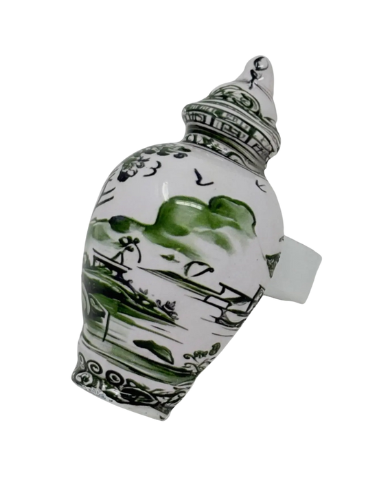 Green & White Village Scene Napkin Ring
