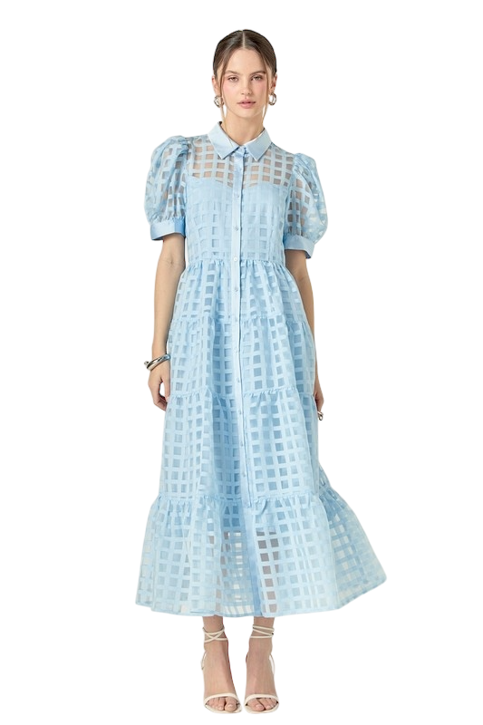 Gridded Organza Tiered Maxi - Powder Blue