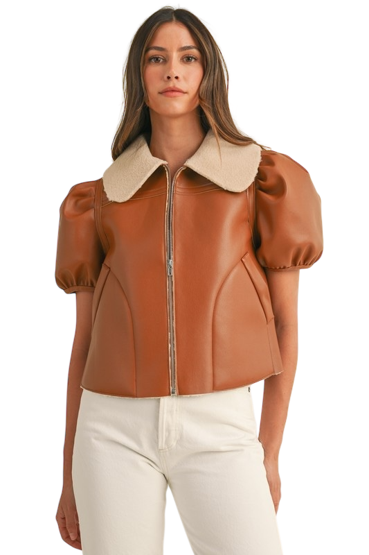 Shearling Lined Puff Sleeve Cropped Jacket