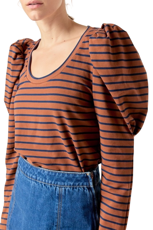 Puff Sleeve Knit Top in Brown & Navy