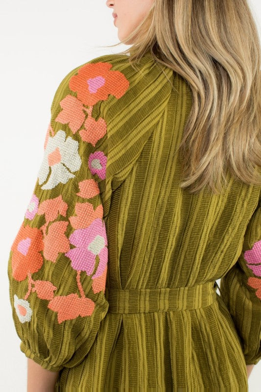 Embroidered Puff Sleeve Stripe Dress