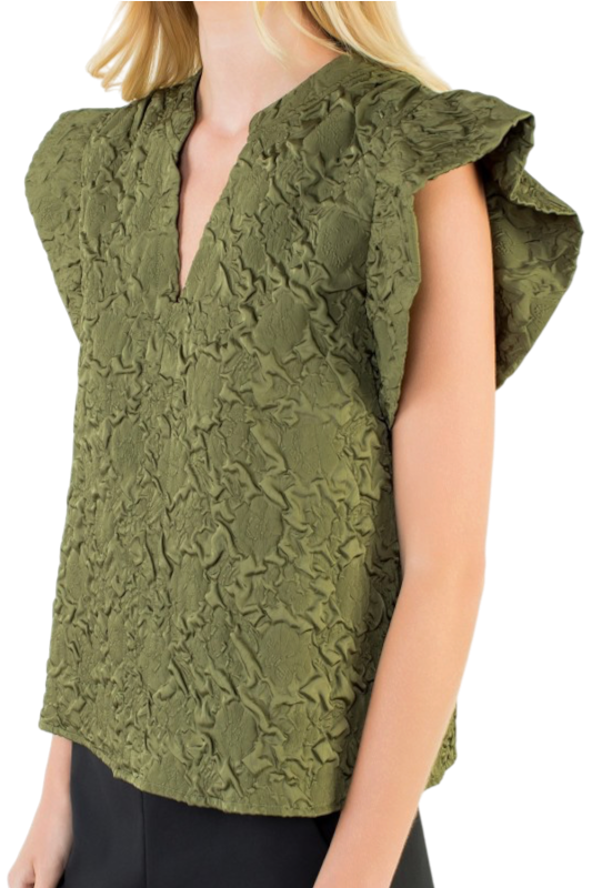 Olive Jacquard V-Neck Top