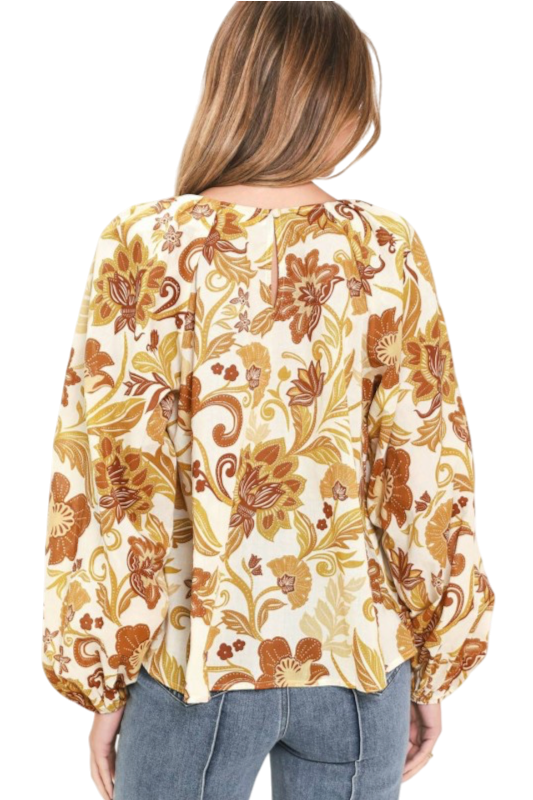 Brown & Gold Floral Long Sleeve Top