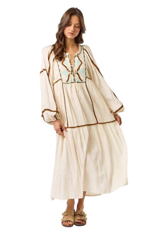 Embroidered Long Sleeve Maxi Dress