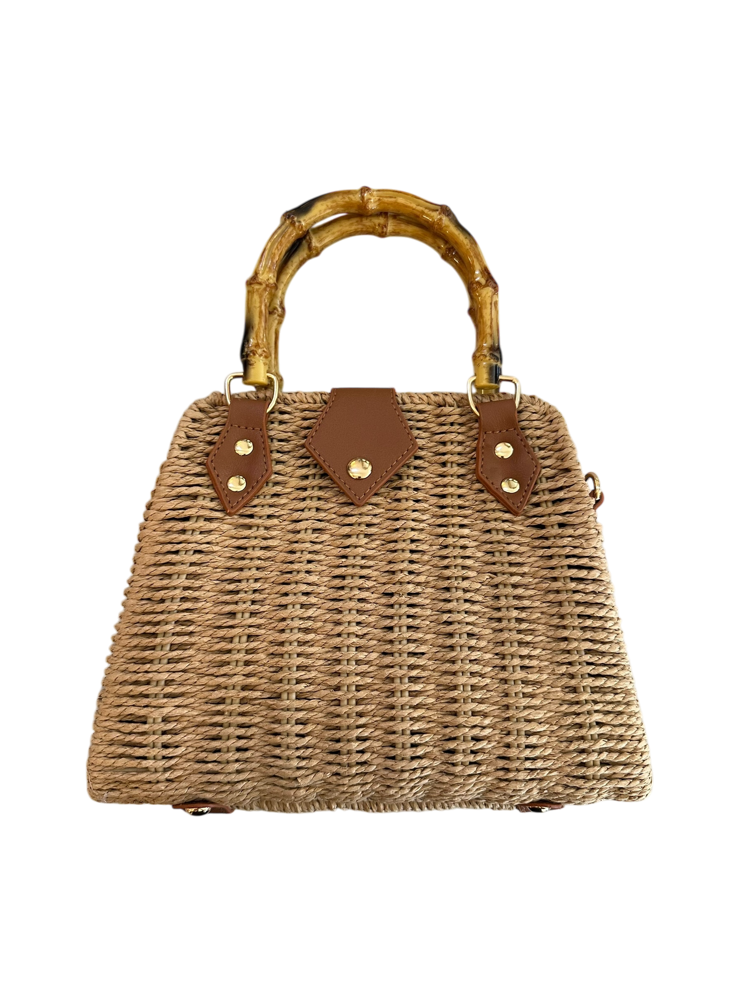 Bamboo Handle Wicker Handbag - Khaki
