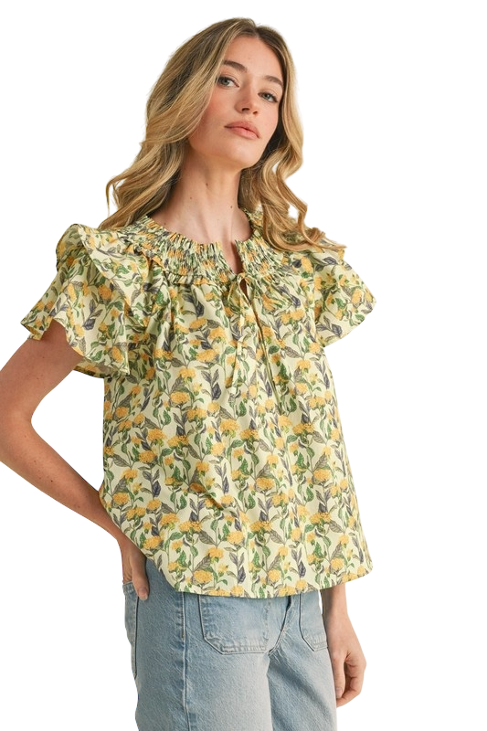 Floral Flutter Sleeve Smocked Top