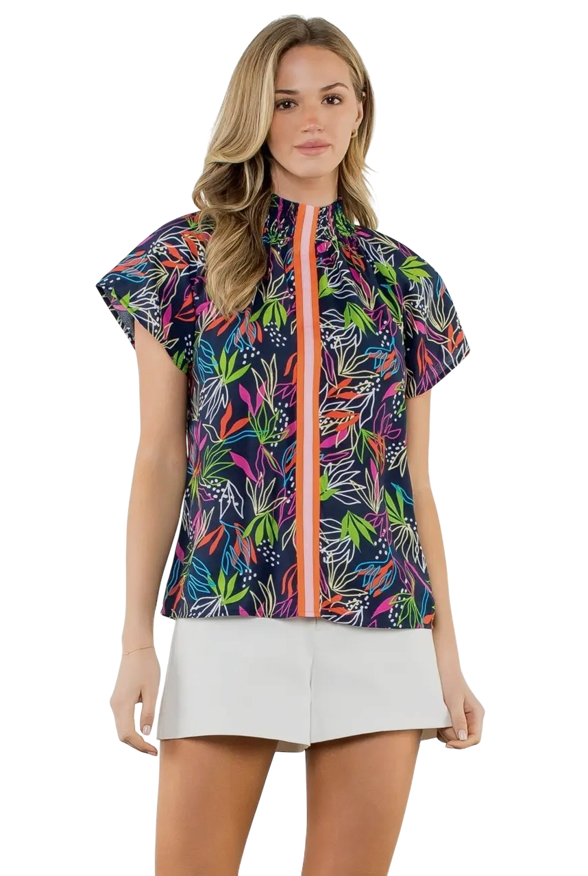 Smocked Neck Multicolor Leaf Print Top