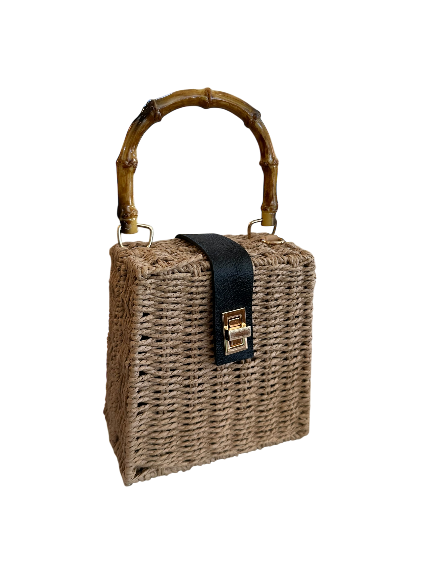 Bamboo Handle Wicker Handbag - Black