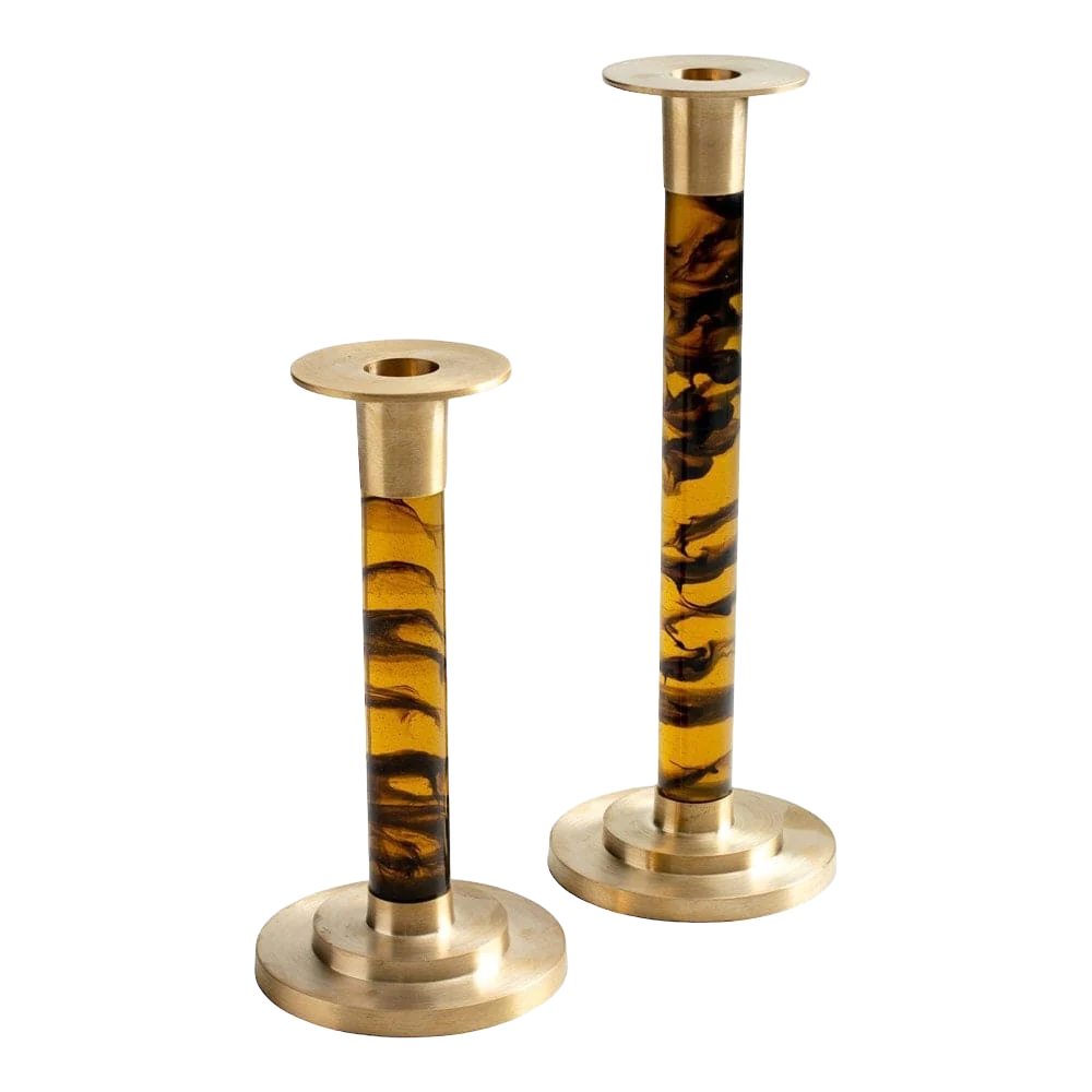 Large Brass & Resin Tortoiseshell Candlestick