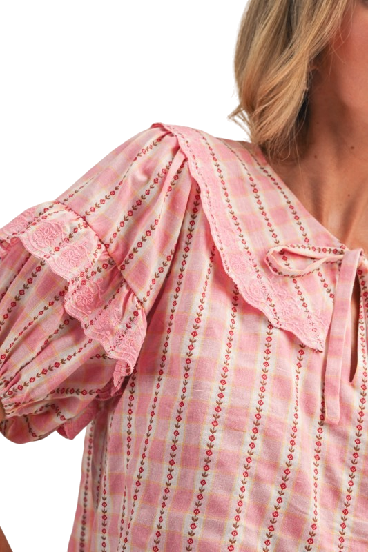 Floral Gingham Collar Top - Pink