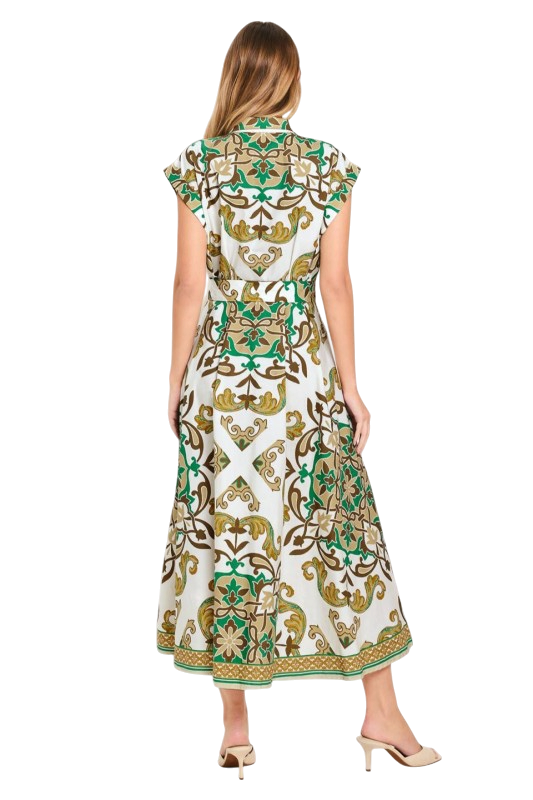 Green Multicolor Border Print Midi