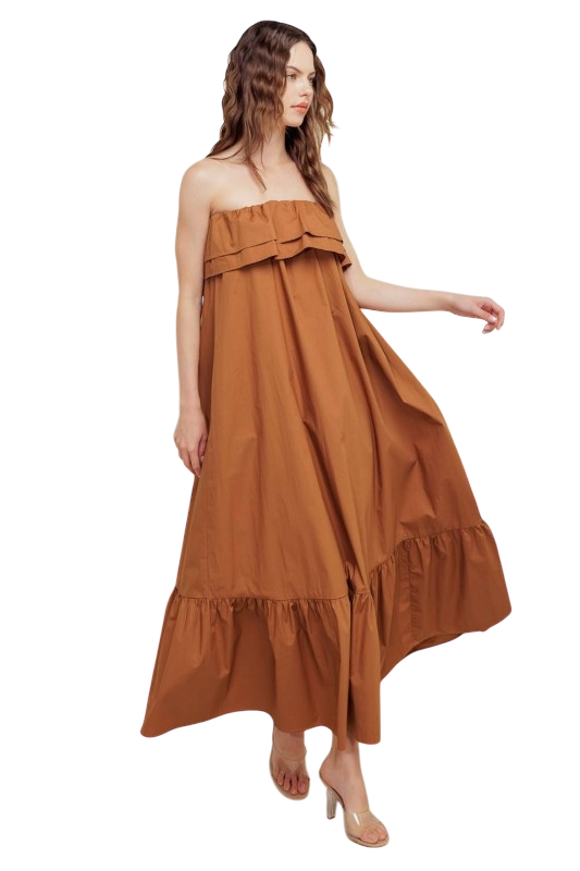 Cognac Poplin Off Shoulder Dress