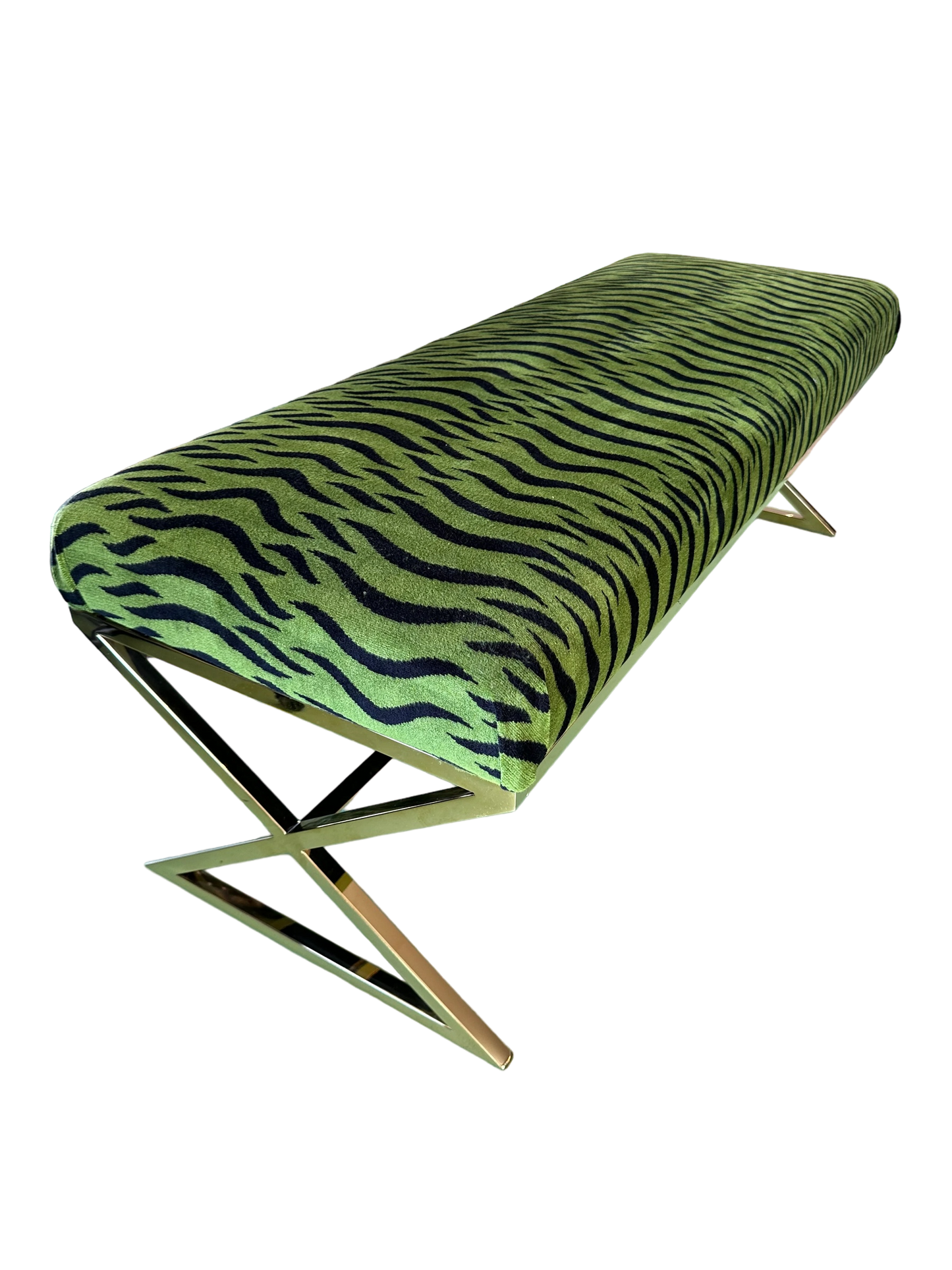 Brass X Bench in Schumacher Sabi Tiger Velvet (Moss)
